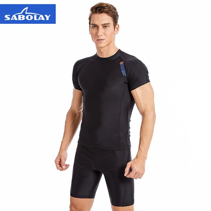 SABOLAY Men Short Sleeve Rashguard Lycra Tight Beach Shirt Trunk Quick Dry Swimsuit Surf Sunscreen UV Rash Guard Diving Suit - Nouti.market