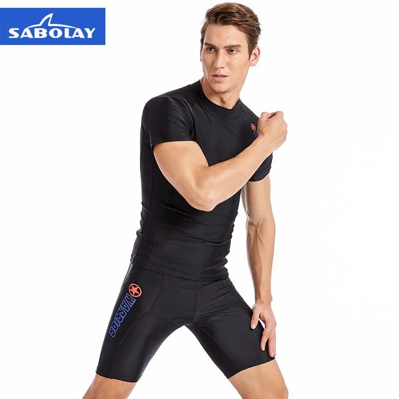 SABOLAY Men Short Sleeve Rashguard Lycra Tight Beach Shirt Trunk Quick Dry Swimsuit Surf Sunscreen UV Rash Guard Diving Suit - Nouti.market