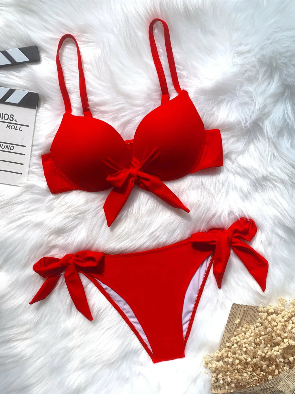 sexy front bow knot push up bikinis two pieces solid swimsuit tie bikini swimsuit Swimwear Biquini conjunto de bikini tankini - Nouti.market