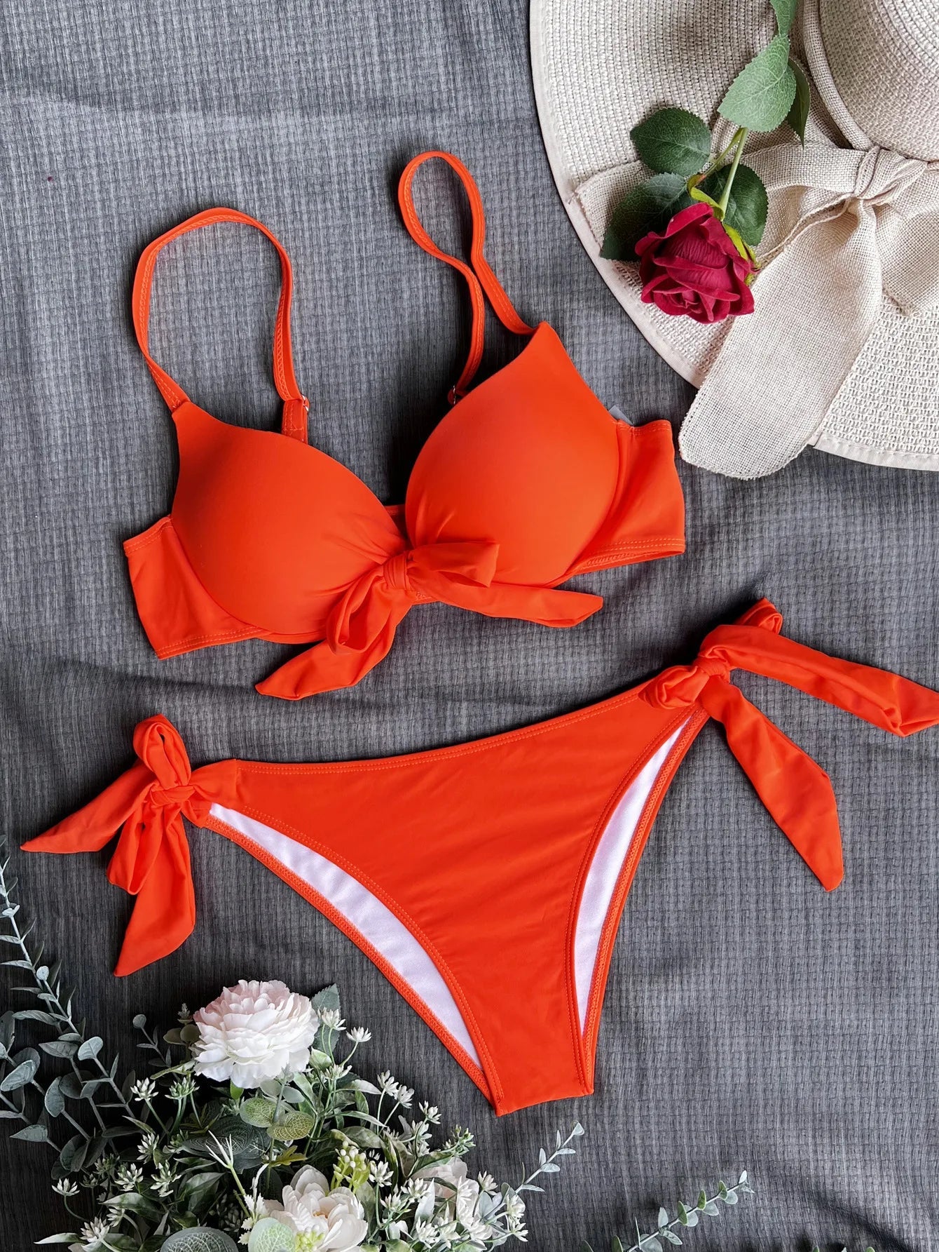 sexy front bow knot push up bikinis two pieces solid swimsuit tie bikini swimsuit Swimwear Biquini conjunto de bikini tankini - Nouti.market