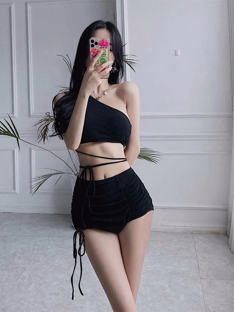 sexy Korean fashion one shoulder crop top mujer black drawstring shorts bottoms bikinis sets two pieces swimsuit padded swimwear - Nouti.market