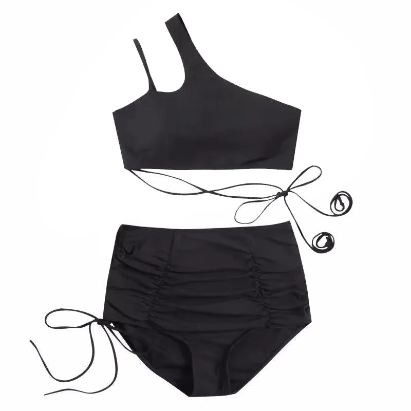 sexy Korean fashion one shoulder crop top mujer black drawstring shorts bottoms bikinis sets two pieces swimsuit padded swimwear - Nouti.market