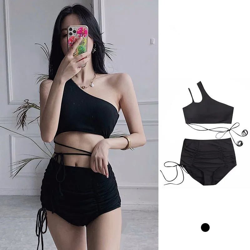 sexy Korean fashion one shoulder crop top mujer black drawstring shorts bottoms bikinis sets two pieces swimsuit padded swimwear - Nouti.market