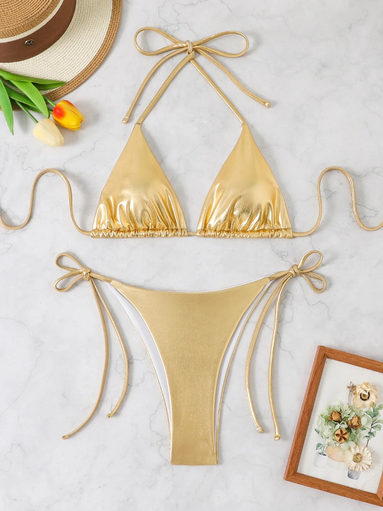sexy metallic glitter halter tie micro bikinis sets two pieces solid thong bandage swimsuit bathing suit swimwear biquini - Nouti.market