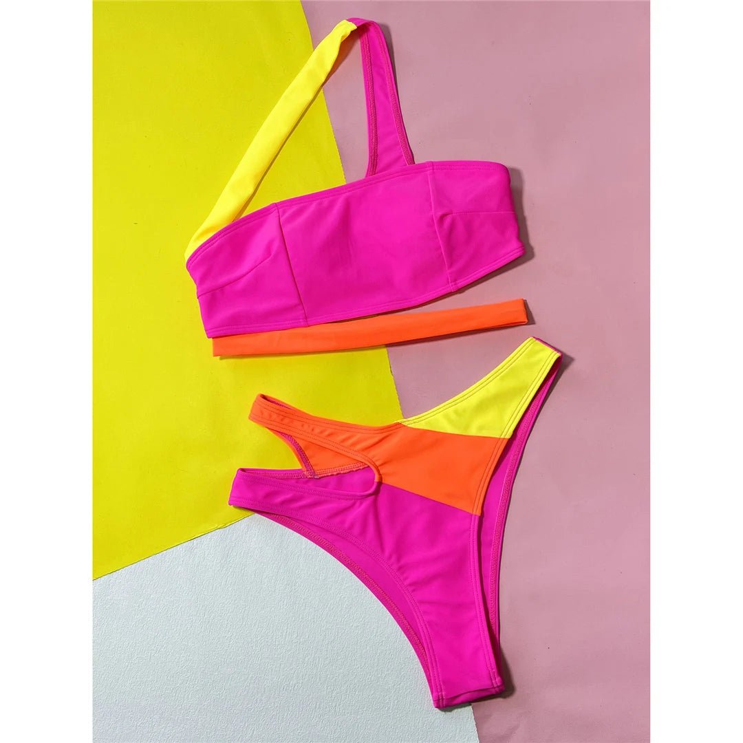Sexy Splicing Asymmetric One Shoulder Bikini Female Swimsuit Women Swimwear Two - pieces Bikini set Bather Bathing Suit Swim K5395 - Nouti.market