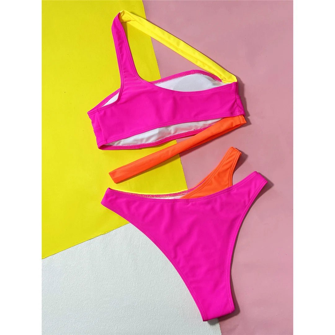 Sexy Splicing Asymmetric One Shoulder Bikini Female Swimsuit Women Swimwear Two - pieces Bikini set Bather Bathing Suit Swim K5395 - Nouti.market