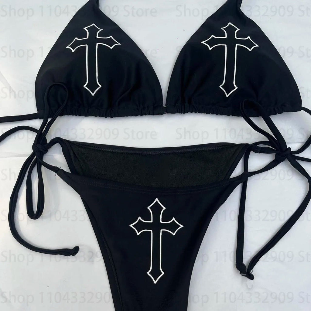 Swimsuit Two Pieces Bathing Suit 2000s Gothic Bathing Suit Star girls Swimwear Women Y2k style Punk Print Bikini Set Sexy Thong - Nouti.market
