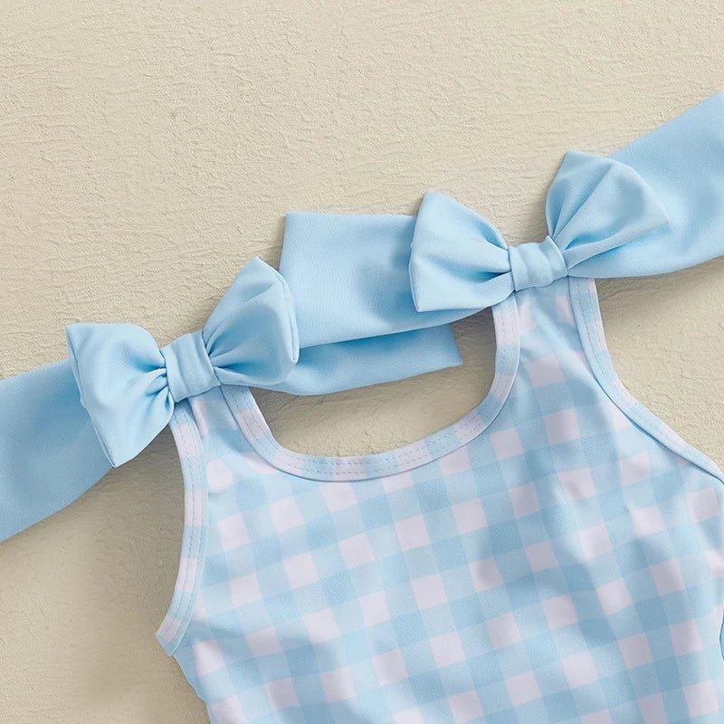 Toddler Baby Girls Swimsuit Romper Plaid Ruffles Two Bowknot Decor Beachwear Sleeveless Summer Beach Bathing Suit - Nouti.market