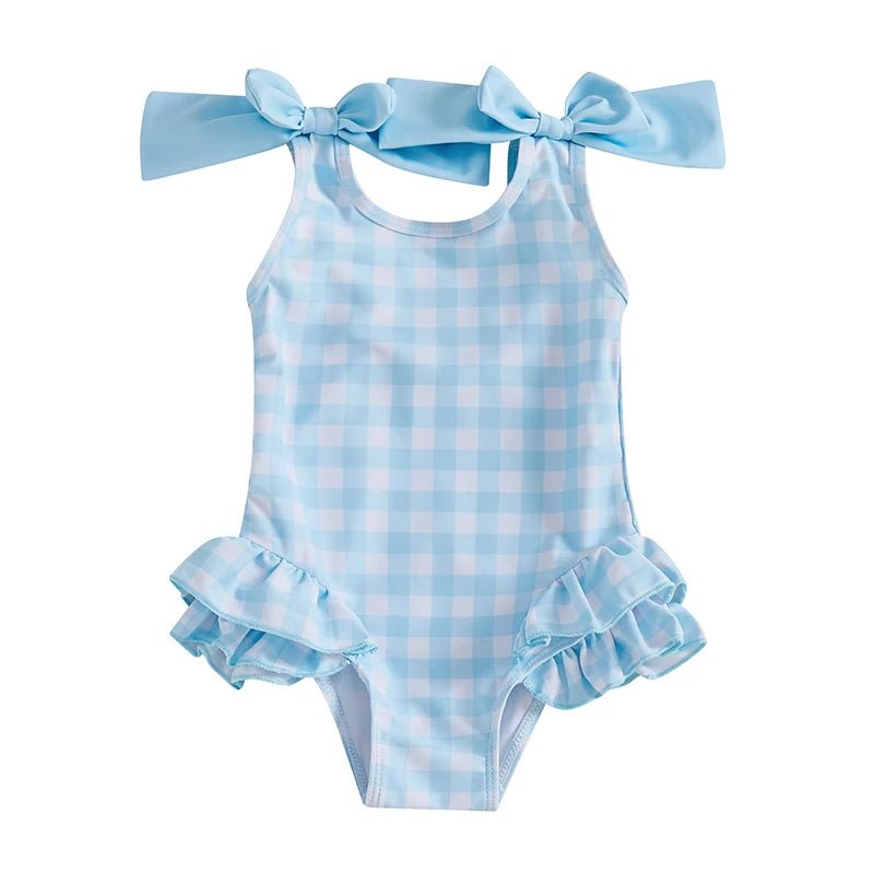 Toddler Baby Girls Swimsuit Romper Plaid Ruffles Two Bowknot Decor Beachwear Sleeveless Summer Beach Bathing Suit - Nouti.market