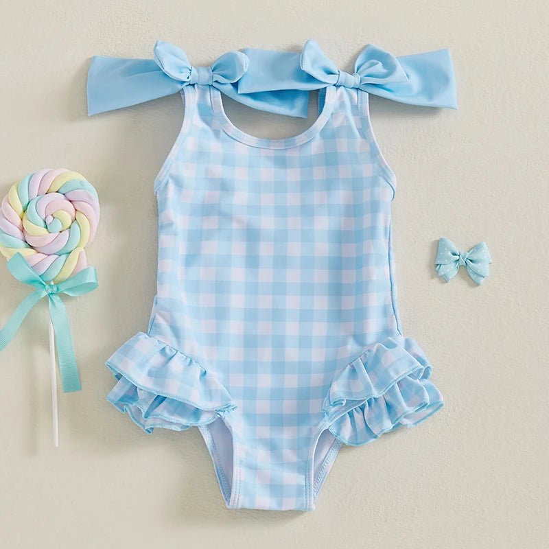 Toddler Baby Girls Swimsuit Romper Plaid Ruffles Two Bowknot Decor Beachwear Sleeveless Summer Beach Bathing Suit - Nouti.market