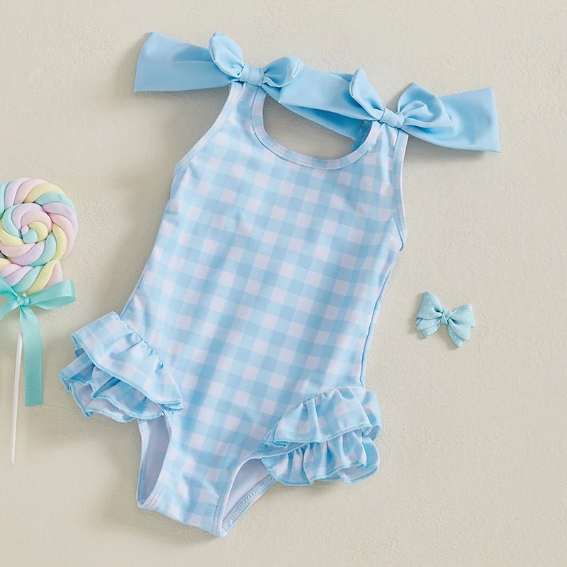 Toddler Baby Girls Swimsuit Romper Plaid Ruffles Two Bowknot Decor Beachwear Sleeveless Summer Beach Bathing Suit - Nouti.market