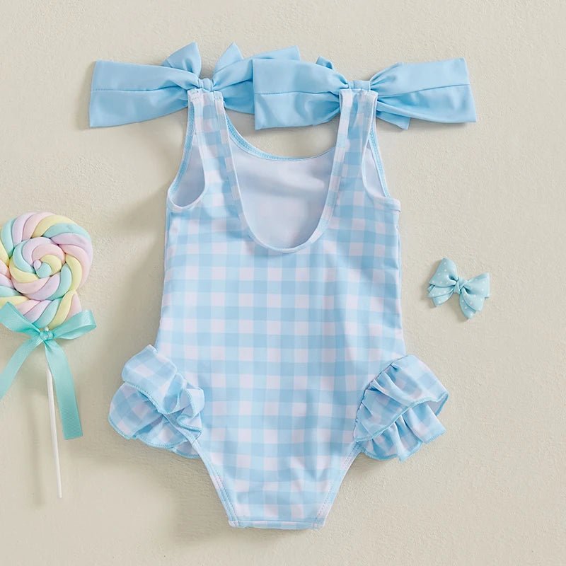 Toddler Baby Girls Swimsuit Romper Plaid Ruffles Two Bowknot Decor Beachwear Sleeveless Summer Beach Bathing Suit - Nouti.market