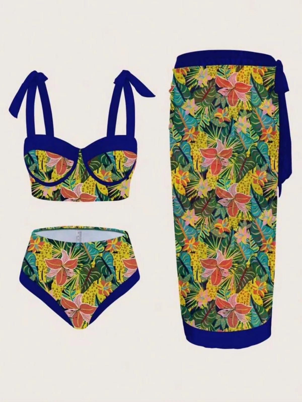 Vintage Black Floral Print Bikini 2026 Women Push Up Underwire Bra High Waist Swimsuit Beach Bathing Suit Skirt 3 Piece Swimwear - Nouti.market