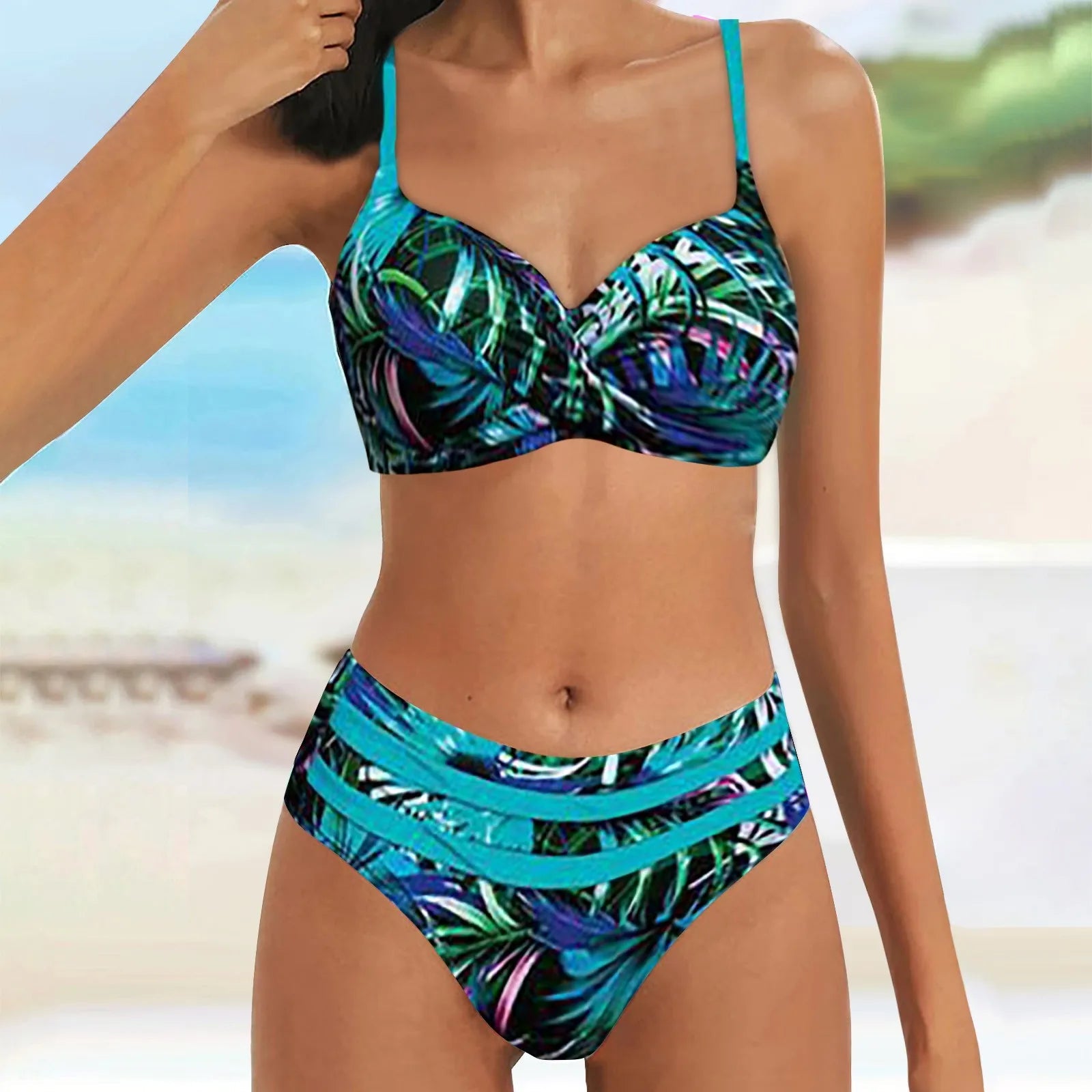 Women Printed 2 Piece Swimsuit Vintage Sexy High Waisted Bikini Split Beachwear Casual Holiday Pool Party Hot Springs Bikini Set - Nouti.market
