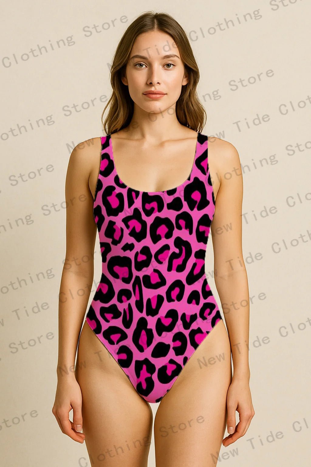 Women's Pink Leopard Print One - Piece Swimsuit Sleeveless Slim - Fit Bathing Suit for Beach Summer Vacation Pool Party Outfit - Nouti.market