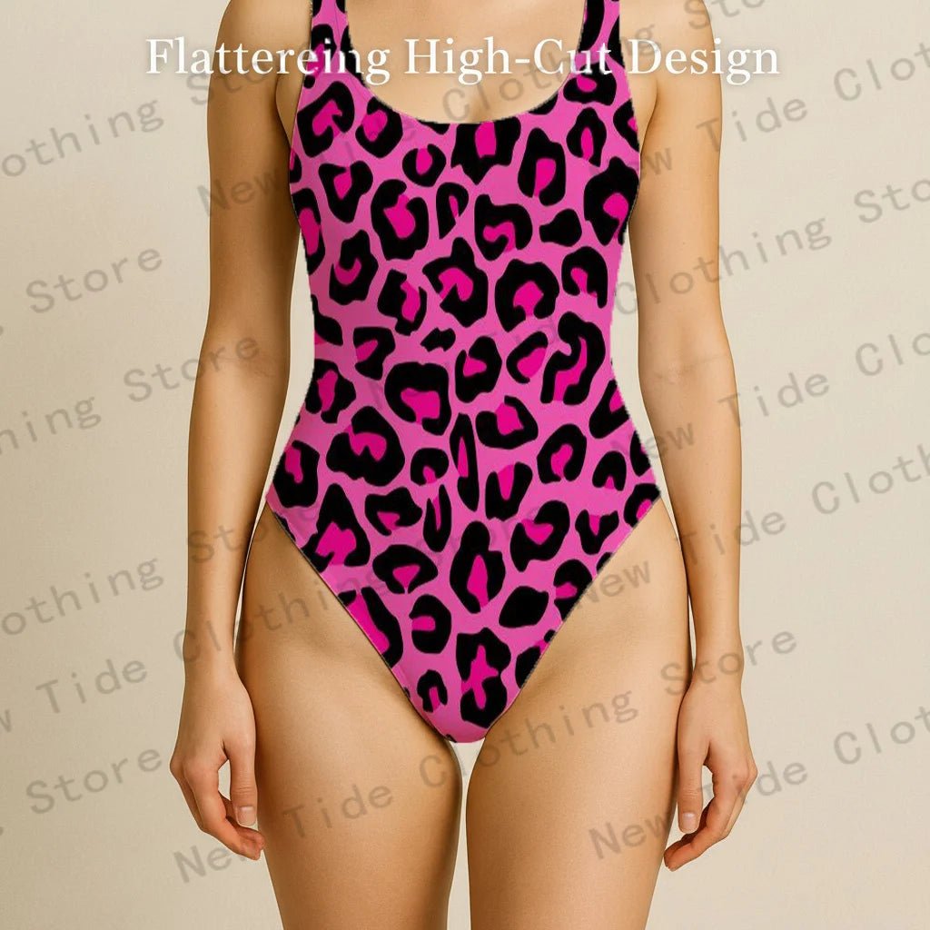 Women's Pink Leopard Print One - Piece Swimsuit Sleeveless Slim - Fit Bathing Suit for Beach Summer Vacation Pool Party Outfit - Nouti.market
