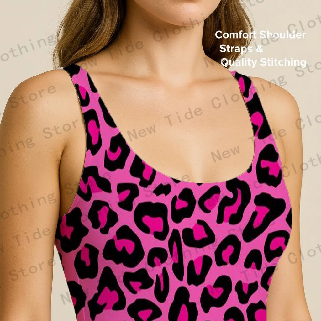 Women's Pink Leopard Print One - Piece Swimsuit Sleeveless Slim - Fit Bathing Suit for Beach Summer Vacation Pool Party Outfit - Nouti.market