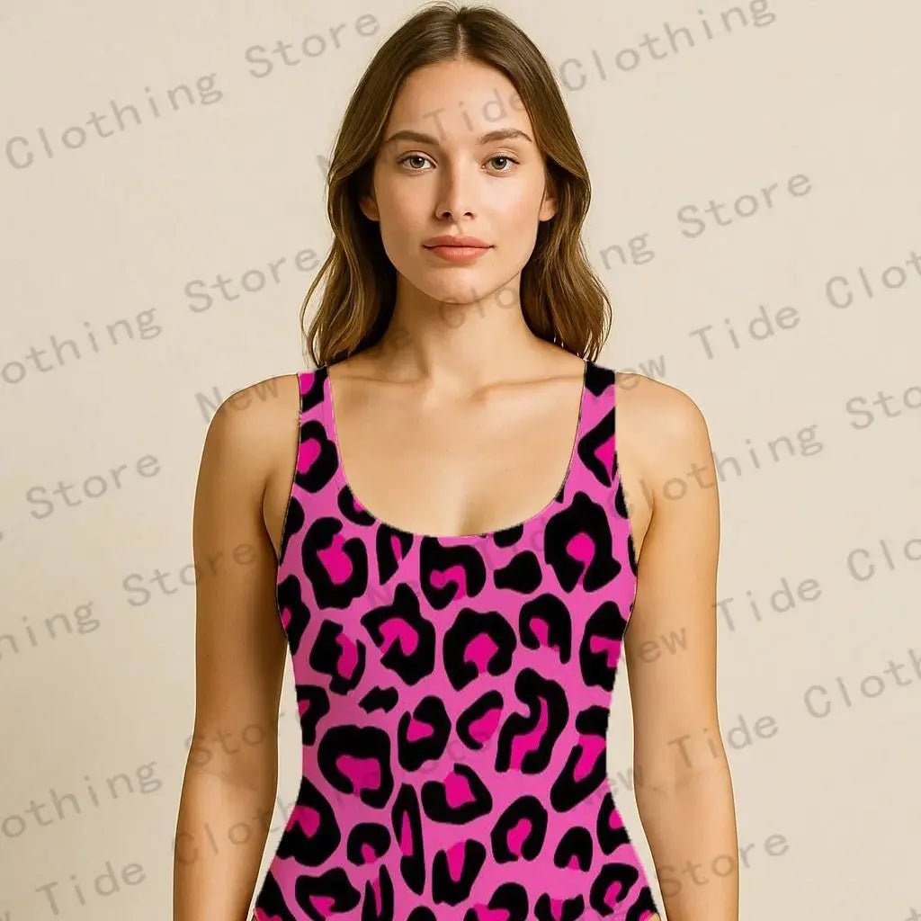 Women's Pink Leopard Print One - Piece Swimsuit Sleeveless Slim - Fit Bathing Suit for Beach Summer Vacation Pool Party Outfit - Nouti.market