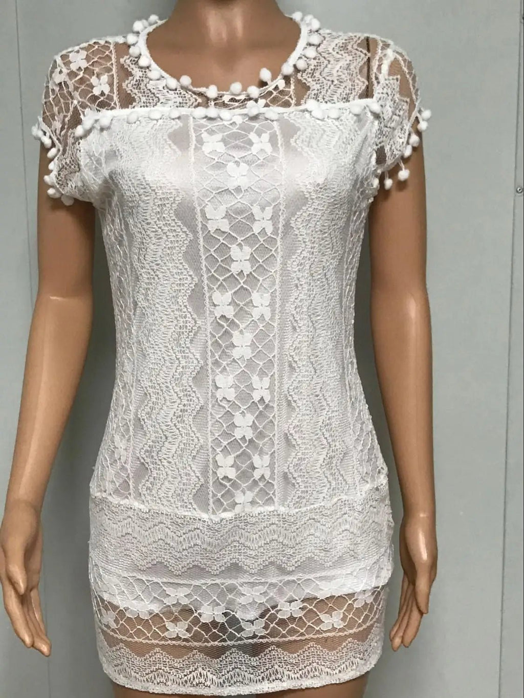 Women's Sexy Sleeveless White Lace Dress, Elegant Pom Pom Trim, Floral Hollow Out Mini Short Dress, Summer - Nouti.market