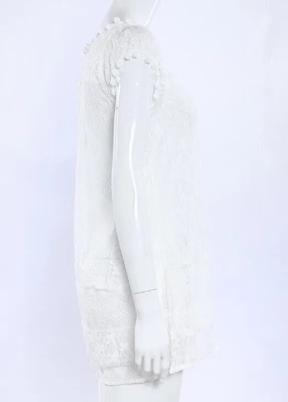 Women's Sexy Sleeveless White Lace Dress, Elegant Pom Pom Trim, Floral Hollow Out Mini Short Dress, Summer - Nouti.market