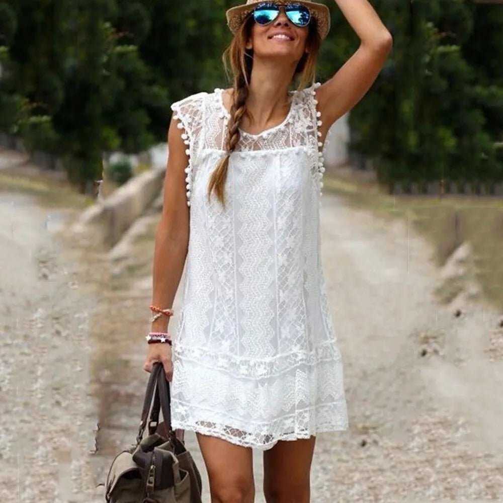 Women's Sexy Sleeveless White Lace Dress, Elegant Pom Pom Trim, Floral Hollow Out Mini Short Dress, Summer - Nouti.market