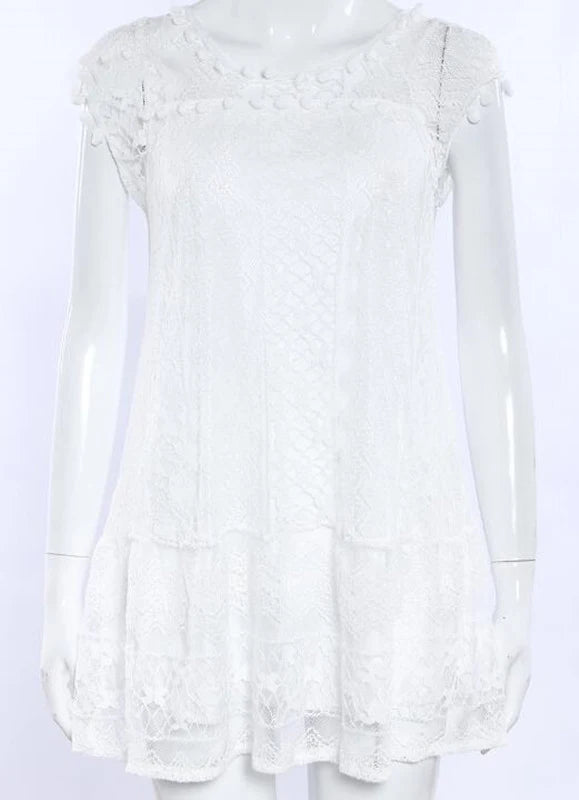 Women's Sexy Sleeveless White Lace Dress, Elegant Pom Pom Trim, Floral Hollow Out Mini Short Dress, Summer - Nouti.market