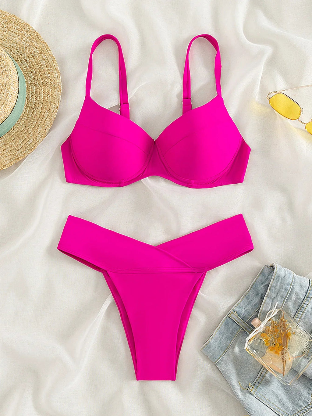 Women's Two Swimsuit Sexy Hot Pink 2 Piece Bikini High Waist Underwire Suspender Swimwear Beach Bathing Suit Beachwear 2025 New - Nouti.market